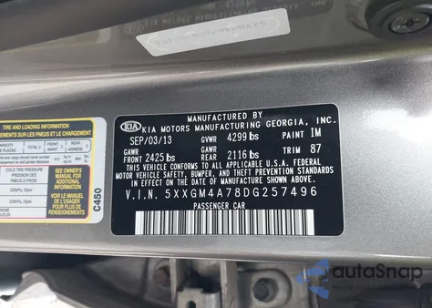 2013 Kia Optima Lx from USA, damaged, VIN 5XXGM4A78DG257496